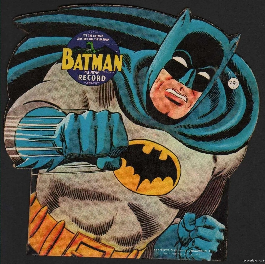 Sleeve artwork for the 1966 “Batman” 45 RPM record “It’s The Batman / Look Out For The Batman” (Batman Record BT 95). Artwork by Murphy Anderson. © 1966 National Periodical Publications. Image from 13th Dimension.
