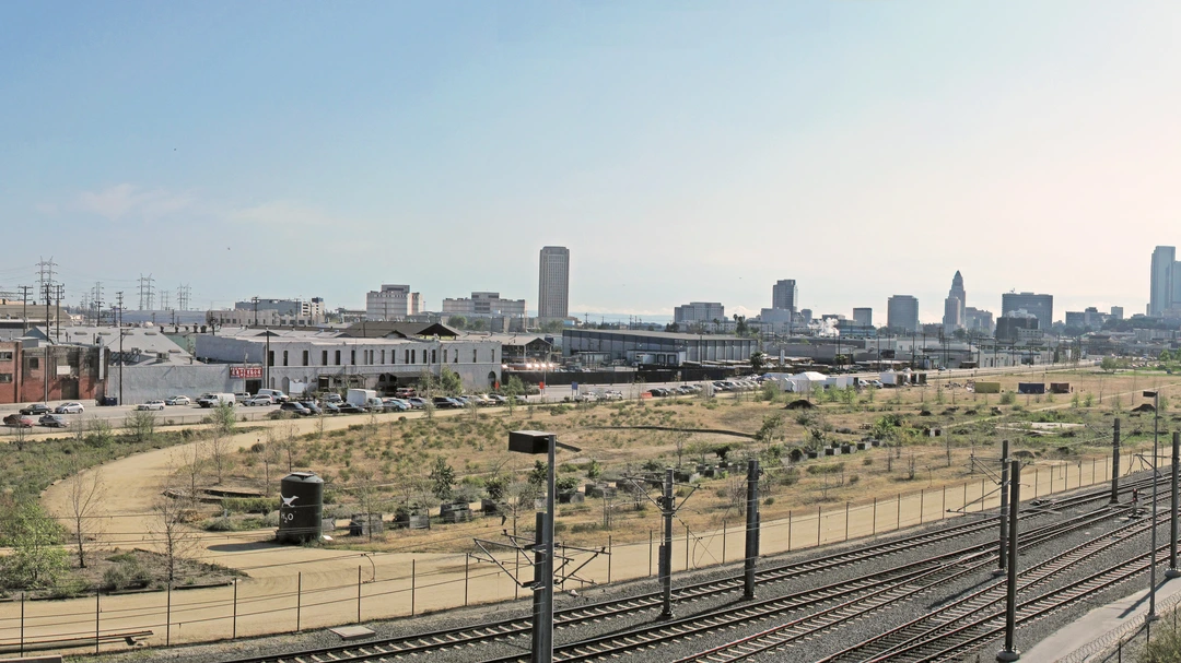 Los Angeles State Historic Park grounds and downtown skyline in Los Angeles, California, venue of the Love Unlimited Film Festival and Art Exhibition.