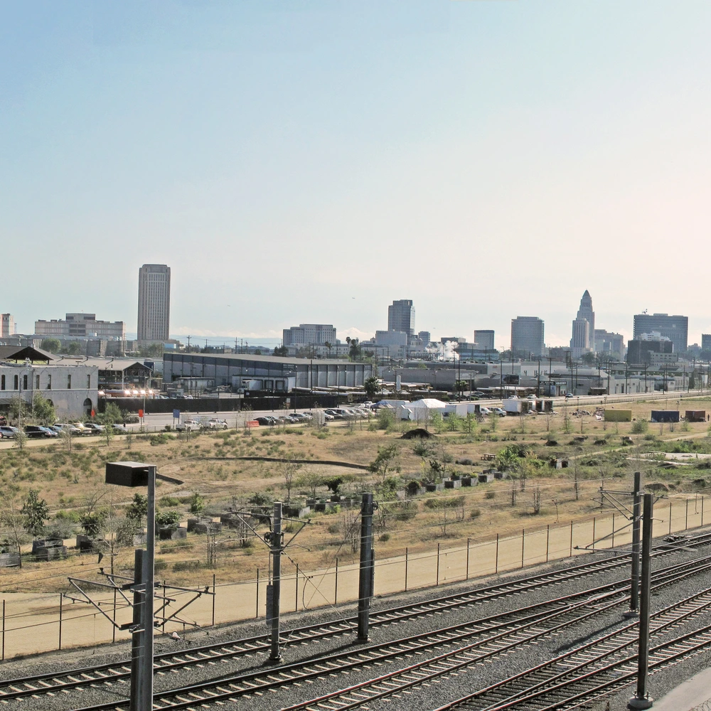Los Angeles State Historic Park grounds and downtown skyline in Los Angeles, California, venue of the Love Unlimited Film Festival and Art Exhibition.