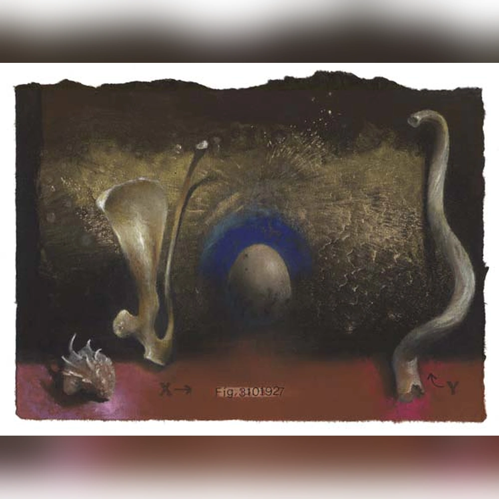Mixed-media composition of bone-like forms, a central blue arc and an egg-shaped form over a dark textured field and red lower strip.