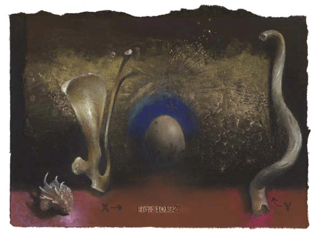 Mixed-media composition of bone-like forms, a central blue arc and an egg-shaped form over a dark textured field and red lower strip.
