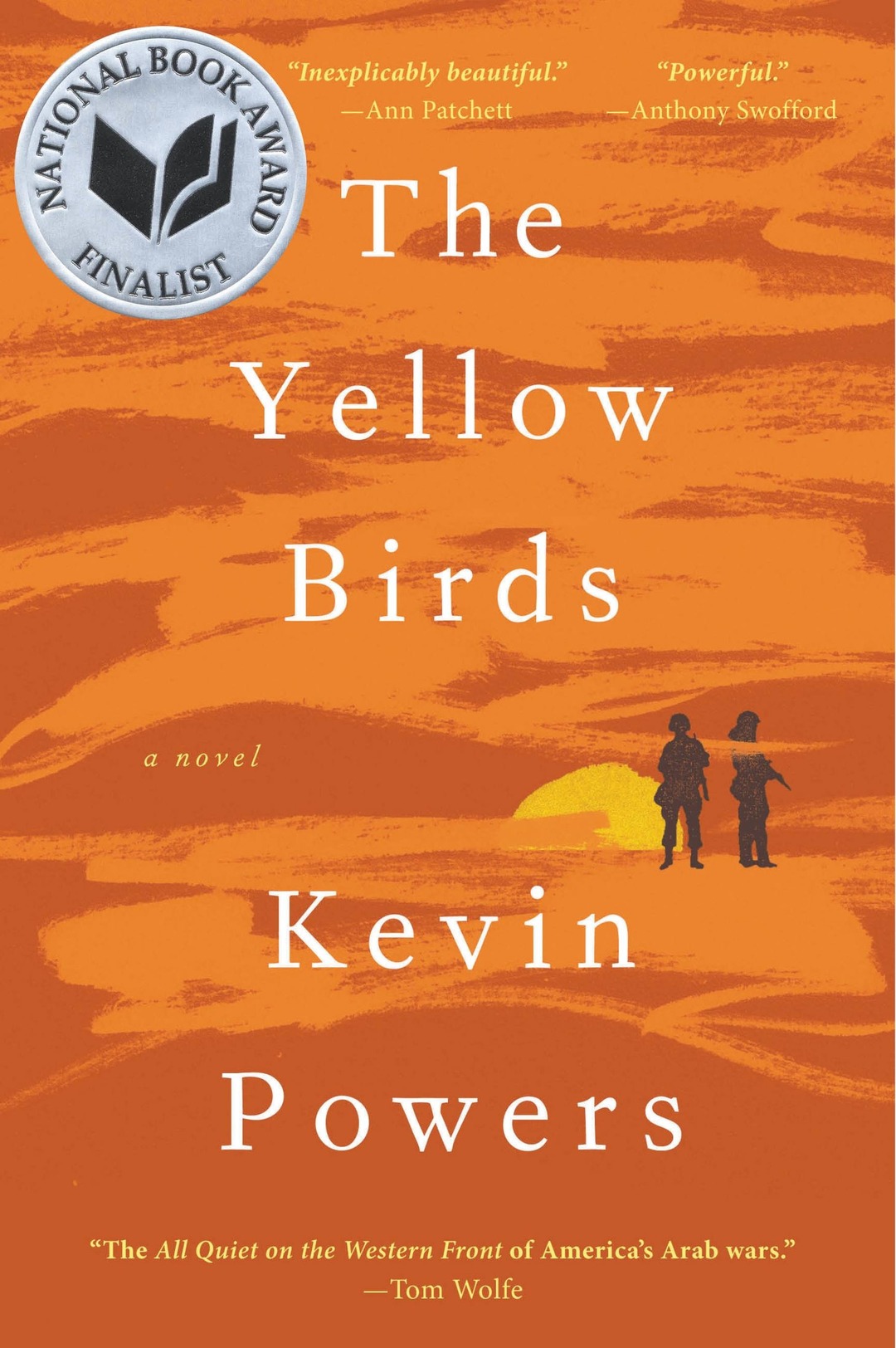 Book cover with burnt-orange background, the title ‘The Yellow Birds’ and author ‘Kevin Powers’ over two soldier silhouettes.