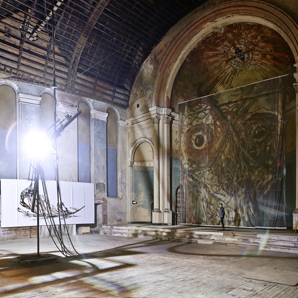 Detail of Doug and Mike Starn Gravity of Light carbon arc lamp installation in Holy Cross Church