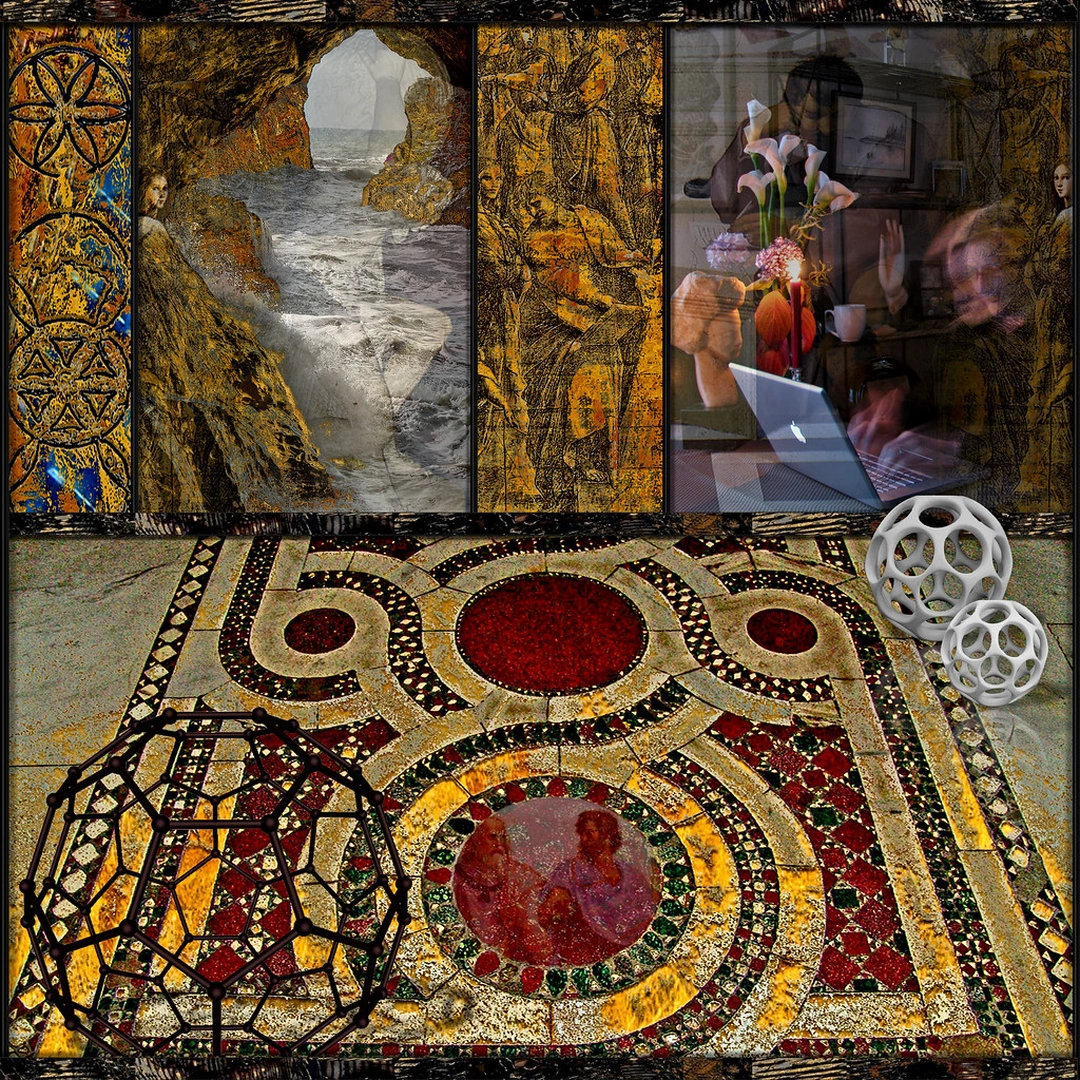 Gold patterned panels surround ocean waves, a seated woman with a laptop, a circular mosaic floor and three geometric spheres.
