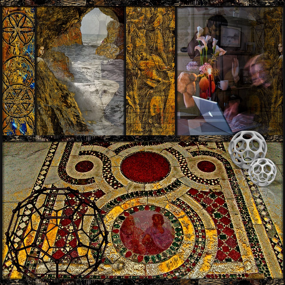 Gold patterned panels surround ocean waves, a seated woman with a laptop, a circular mosaic floor and three geometric spheres.