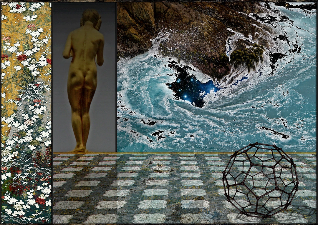 A standing golden figure, a floral panel, rushing ocean water, stars and a wireframe sphere form a layered horizontal montage.