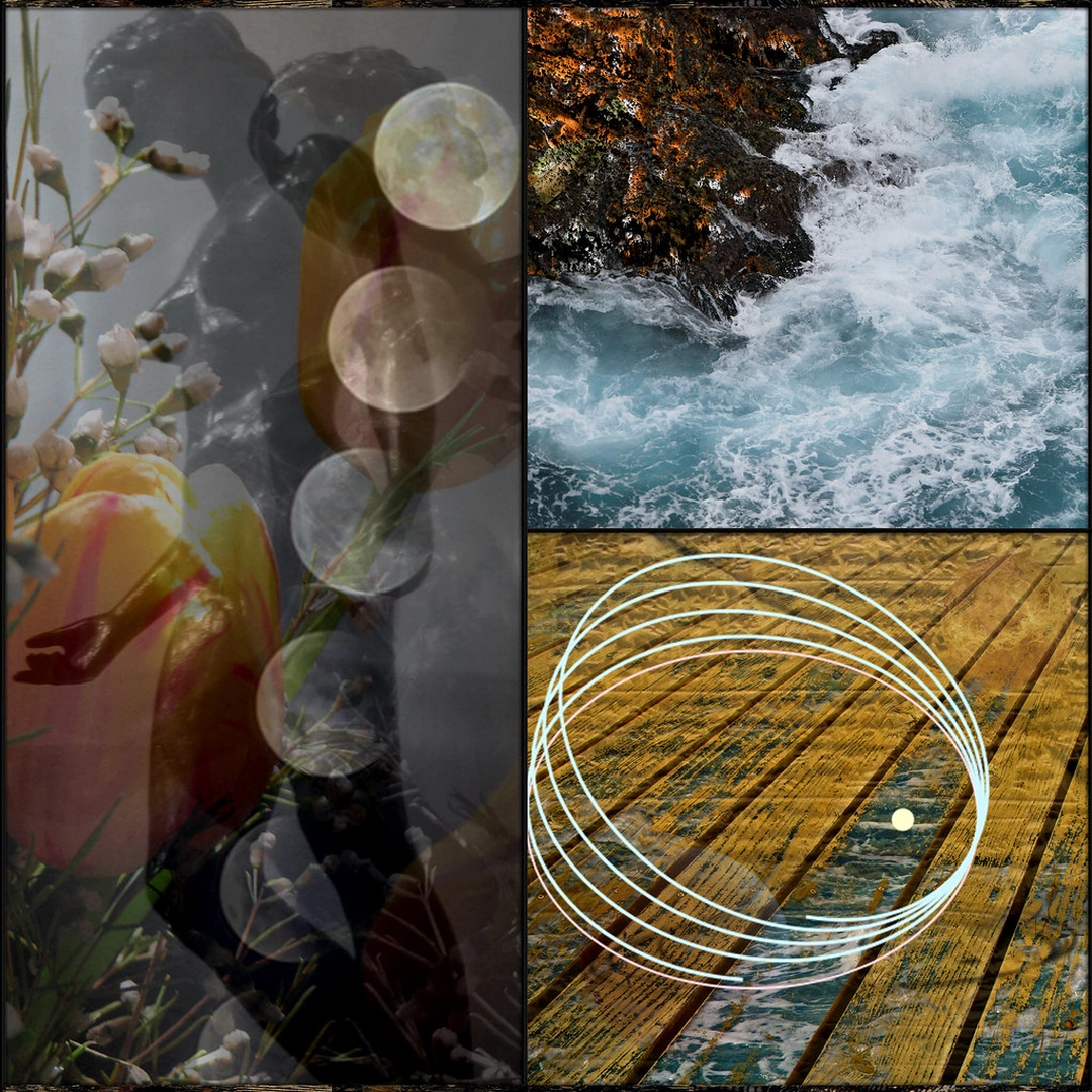 Flowers and translucent celestial circles overlap a dark sculptural figure beside turbulent water and orbit lines on wooden boards.