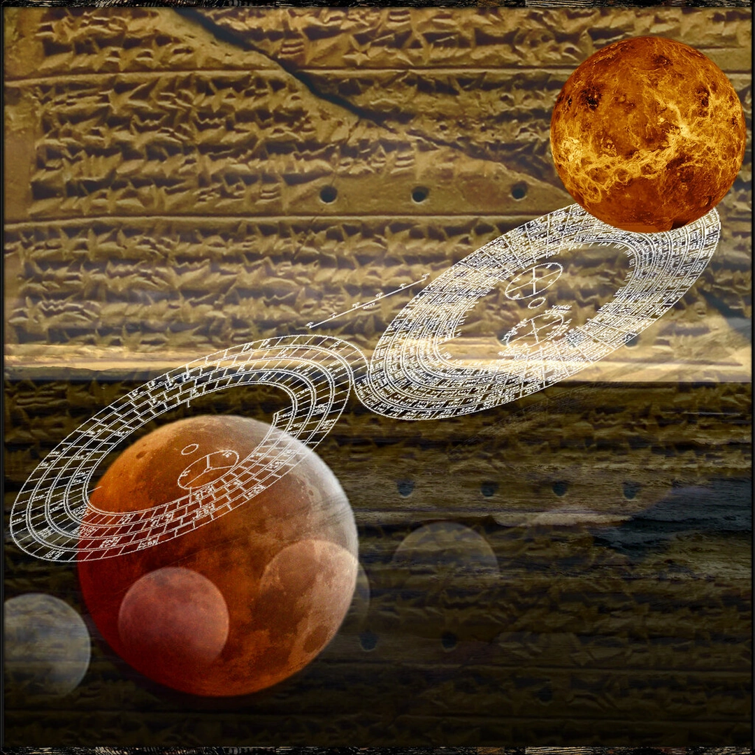 Two orange planets and white orbital diagrams float over ancient writing and horizontal stone bands.
