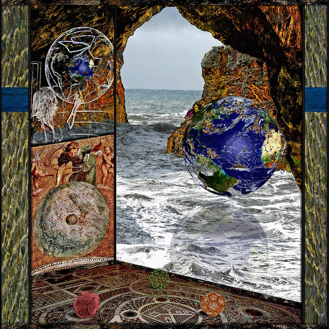 A globe floats before a rocky opening onto the ocean, with circular diagrams and colored patterned spheres on a mosaic floor.