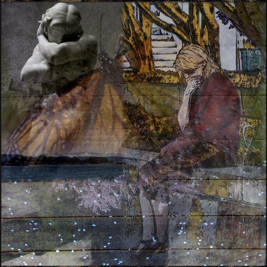 A seated figure and a curled stone sculpture overlap a gold patterned panel, water and wooden floorboards.