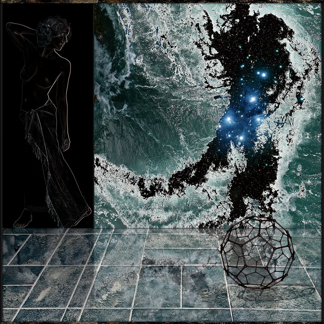 A dark outlined standing figure faces stars within ocean waves above a tiled floor and a wireframe geometric sphere.
