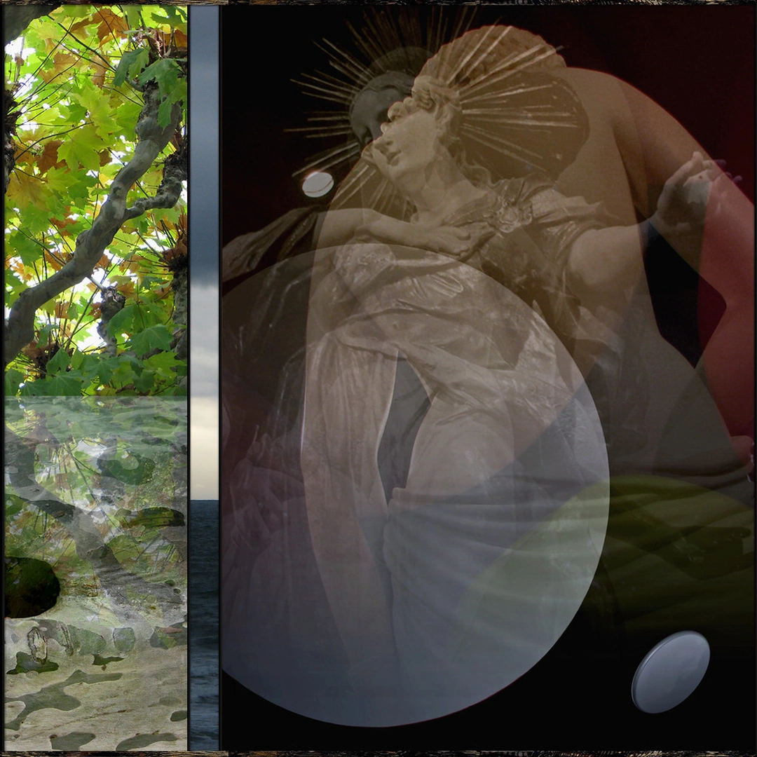 Green leaves and reflected rocks sit beside overlapping sculptural figures, a reddish translucent disc and two small celestial circles.
