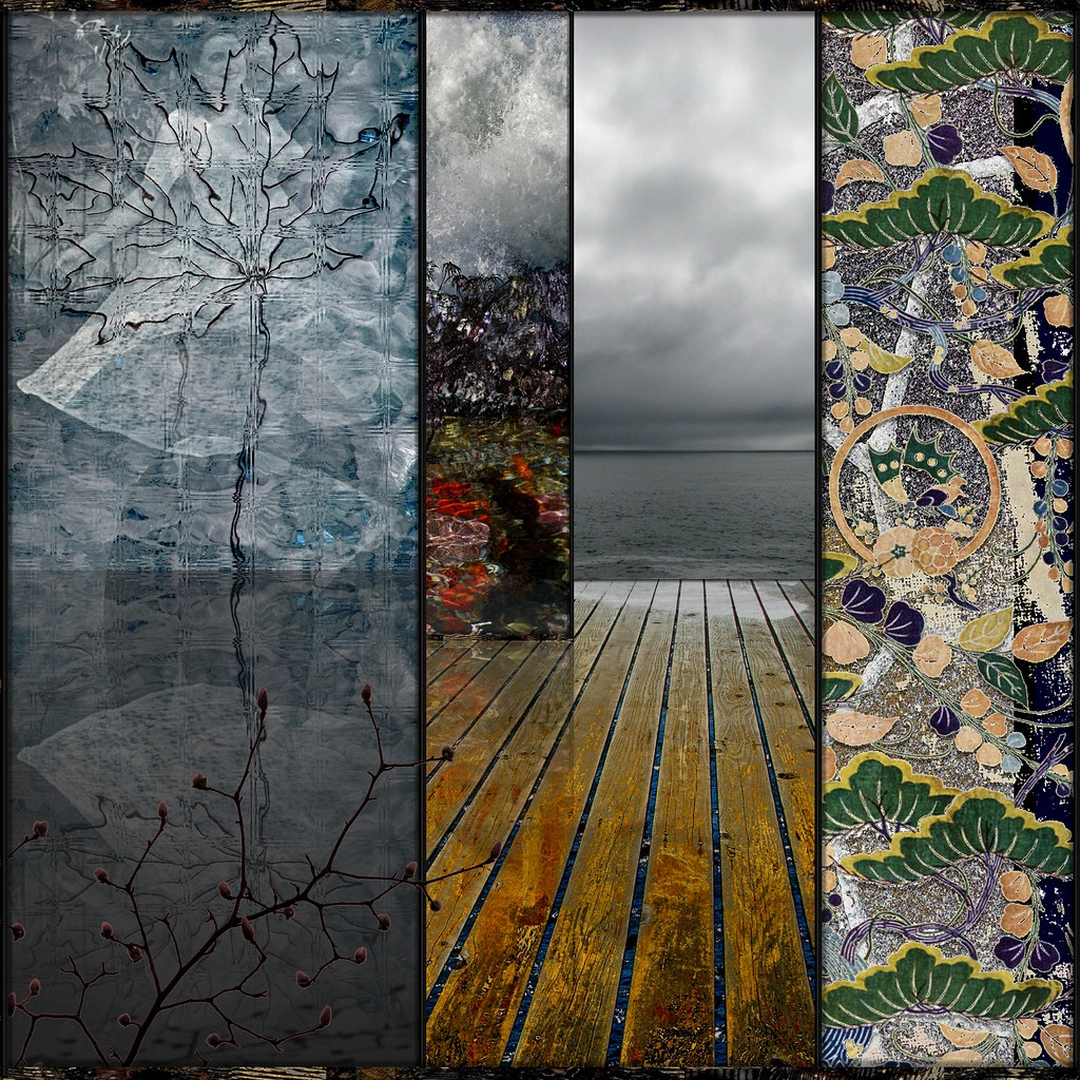Pale branching lines, clouds above an ocean horizon, wooden floorboards and a gold floral panel form a layered montage.