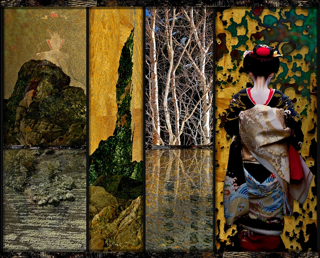 Rock formations, gold textured panels, bare tree branches and the back of a woman wearing a patterned kimono form four vertical panels.