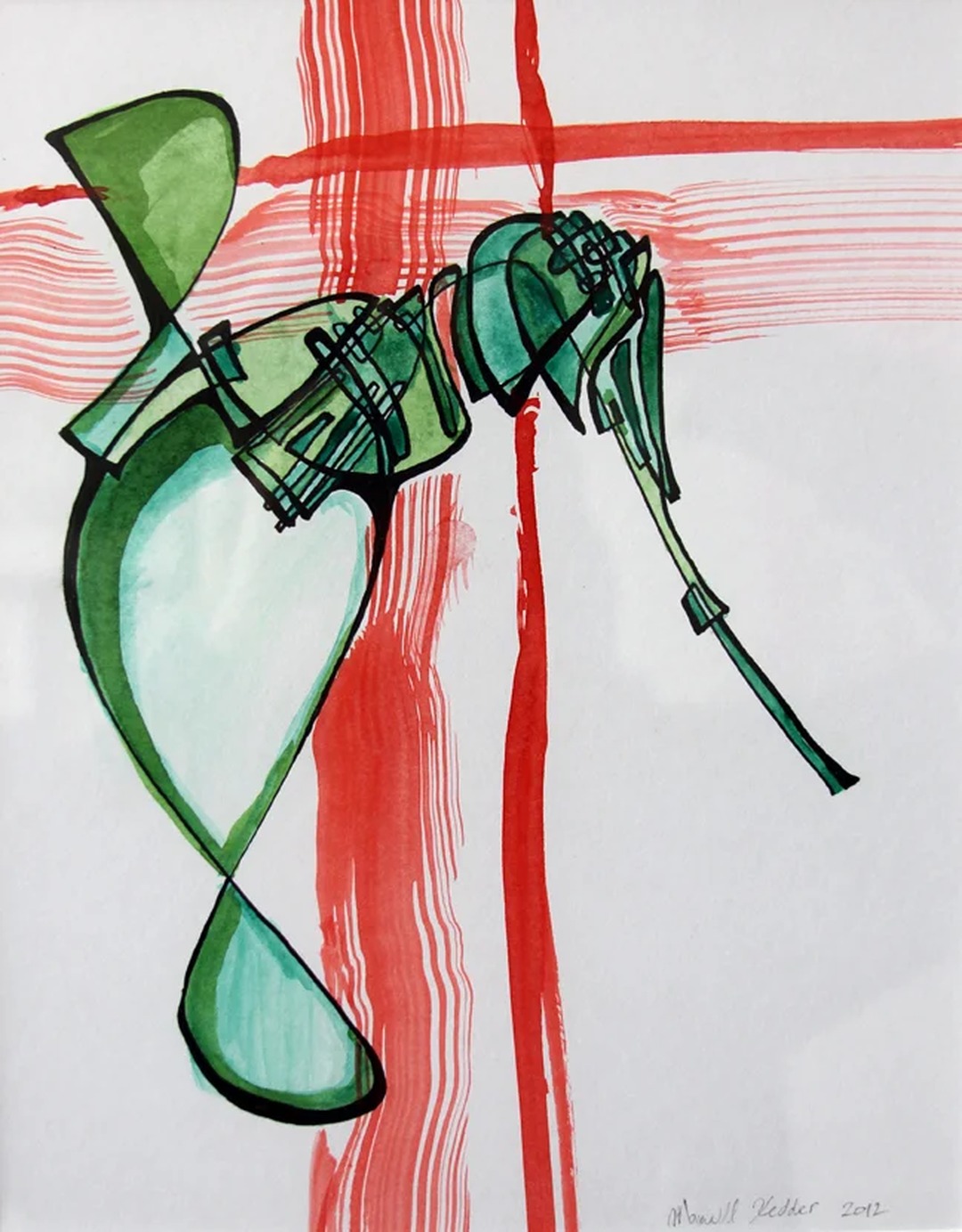 Watercolor of a stylized green mosquito against red brushstrokes.