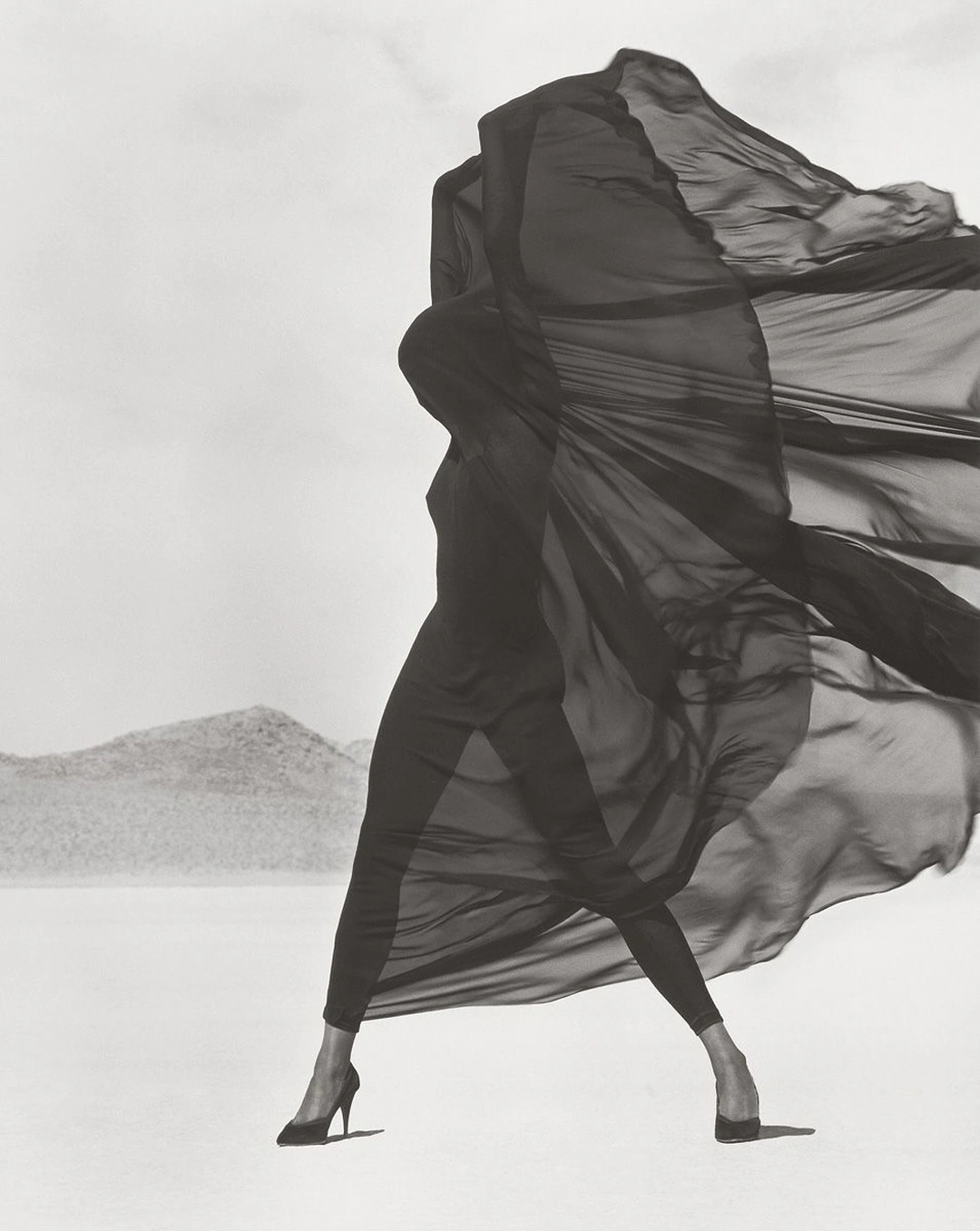A woman in high heels strides across a desert while sheer dark fabric billows around and over her body. Herb Ritts “Versace, Veiled Dress, El Mirage” 1990 Gelatin silver print Image: 55.5 x 44.1 cm (21 7/8 x 17 3/8 in.) Sheet: 60.8 x 50.5 cm (23 15/16 x 19 7/8 in.) Mount: 64.5 x 54.4 cm (25 3/8 x 21 7/16 in.) Framed [outer dim]: 76.2 x 63.5 cm (30 x 25 in.) El Mirage, California, United States, North America The J. Paul Getty Museum, Los Angeles, Gift of Herb Ritts Foundation © Herb Ritts Foundation