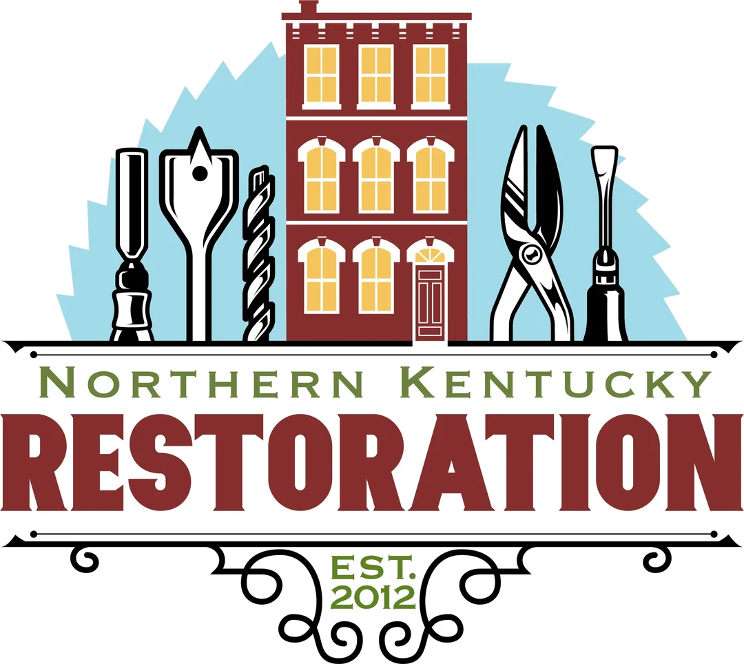 Official color emblem of Northern Kentucky Restoration Weekend, showing historic brick building facade, traditional craftsman tools, and decorative scrollwork.