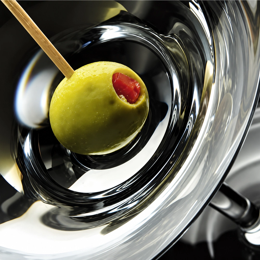 Martini glass with a green olive and toothpick, square crop. (Digitally enhanced. May contain discrepancies from the original artwork.)