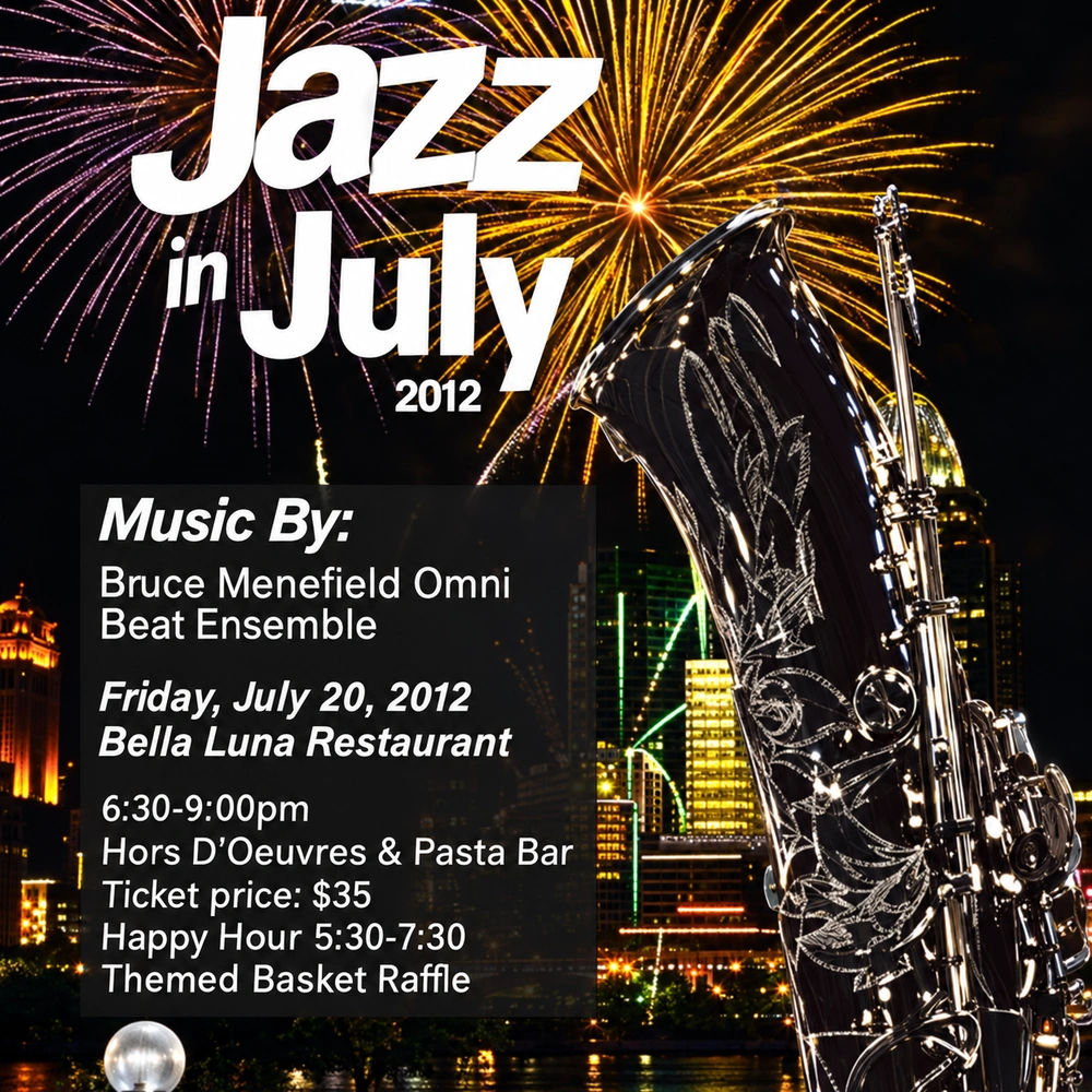 Jazz in July 2012 event poster, original square crop, with fireworks and saxophone. (Digitally enhanced. May contain discrepancies from the original artwork.)