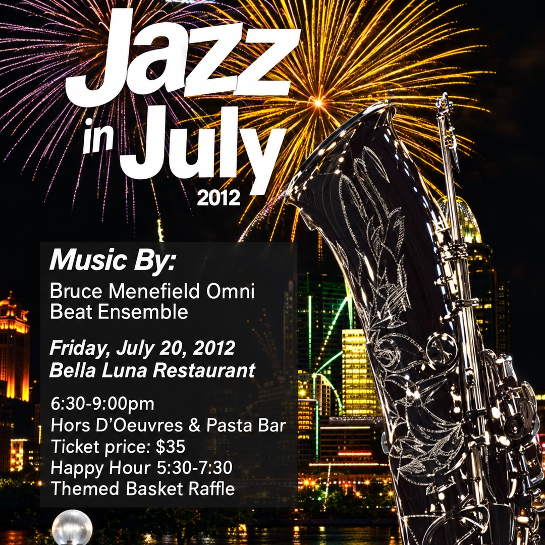 Jazz in July 2012 event poster, original square crop, with fireworks and saxophone. (Digitally enhanced. May contain discrepancies from the original artwork.)