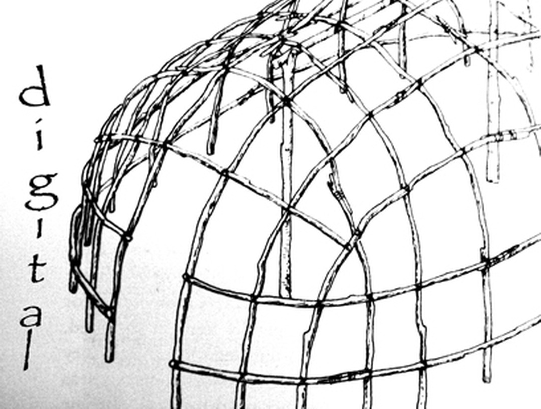 Pen sketch of the Digital Wigwam frame with the word 'digital' lettered vertically.