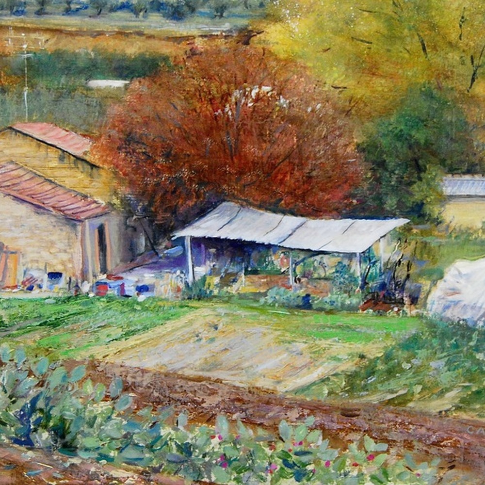 Farm scene with cacti in the foreground.