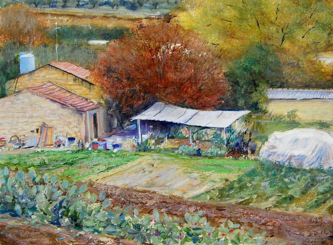 Farm buildings with red-tiled roofs and a large autumn tree, rows of cacti in the foreground.