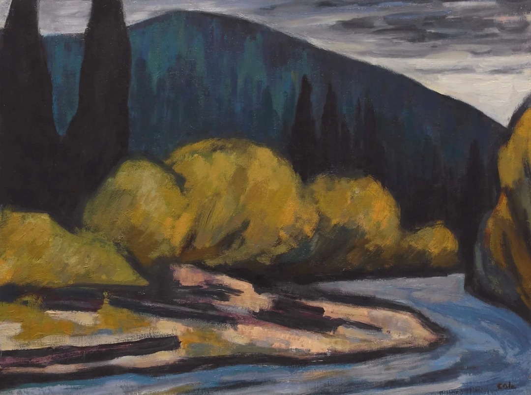 River winding between dark evergreen trees and a blue mountain, with yellow autumn foliage.