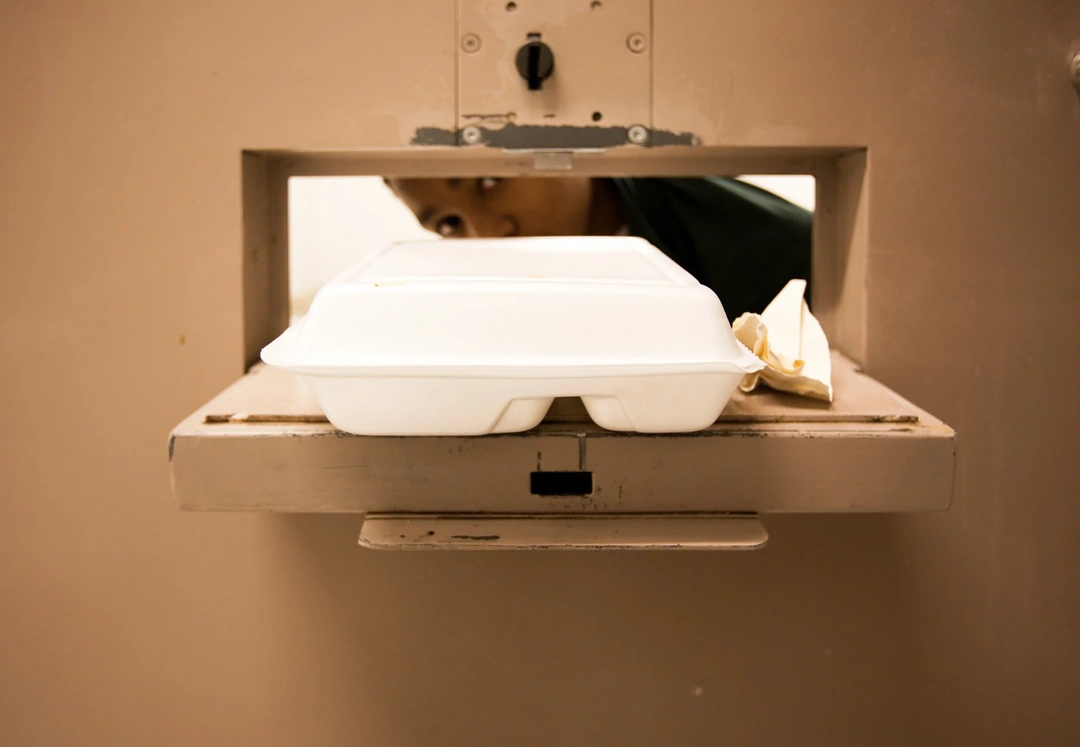 A foam food container rests on an open hatch in a metal door, with a person looking through the opening behind it. Richard Ross, “Food Intake”