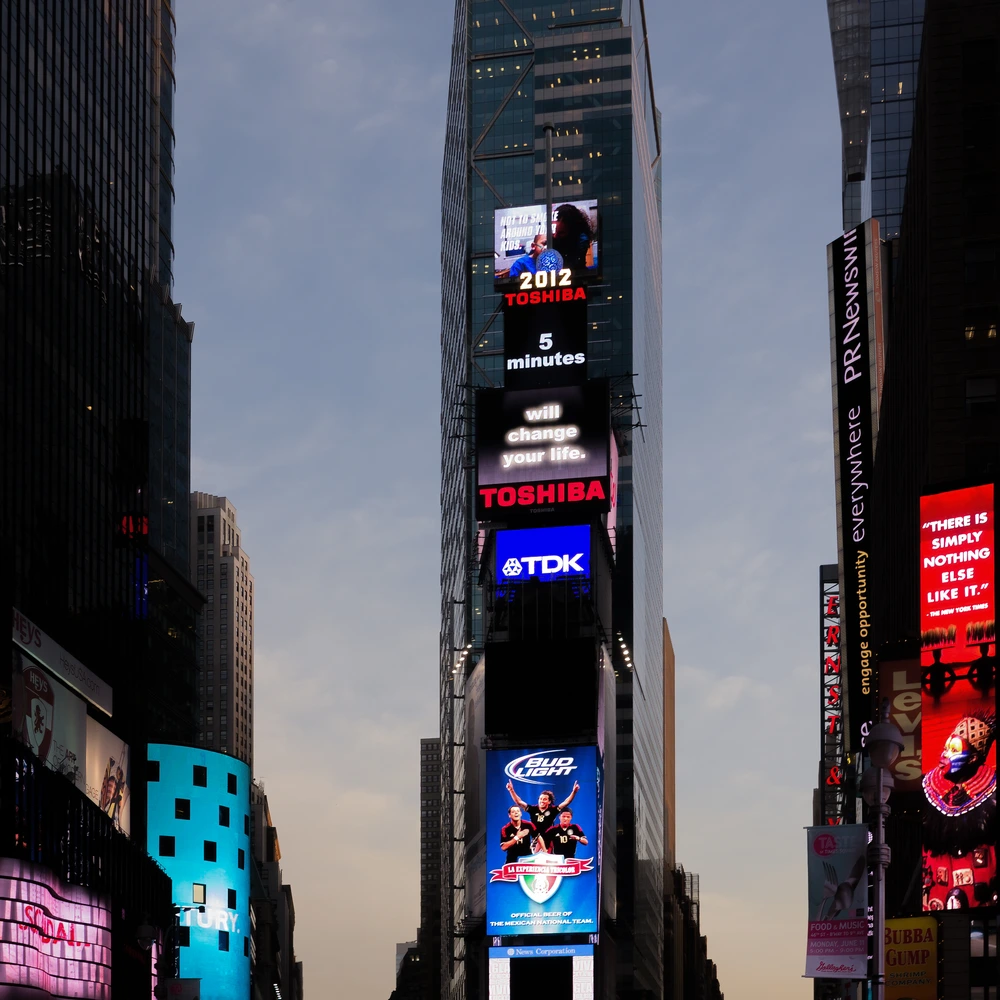 Detail of illuminated digital video billboard in Times Square, New York City