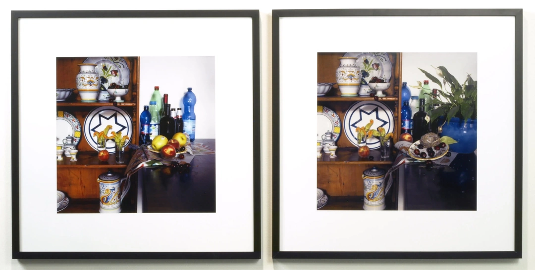 A framed photographic diptych shows bottles, fruit and foliage arranged by a clock and mirror on a wooden entryway table. Elizabeth Bryant, “SLW Studio Still Life: Entryway,” 2010-2012, archival inkjet prints on archival mount board with archival matte laminate, two 24 x 24”, edition of 5, 1/5. Photo by Chris Gomien.