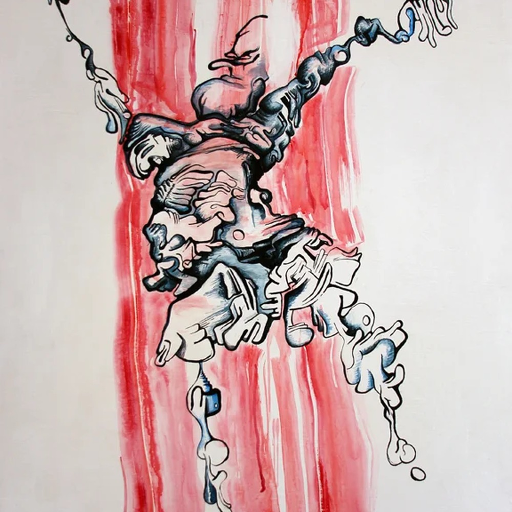 Detail of Waterfall: Jump, a stylized diving figure in red and black.