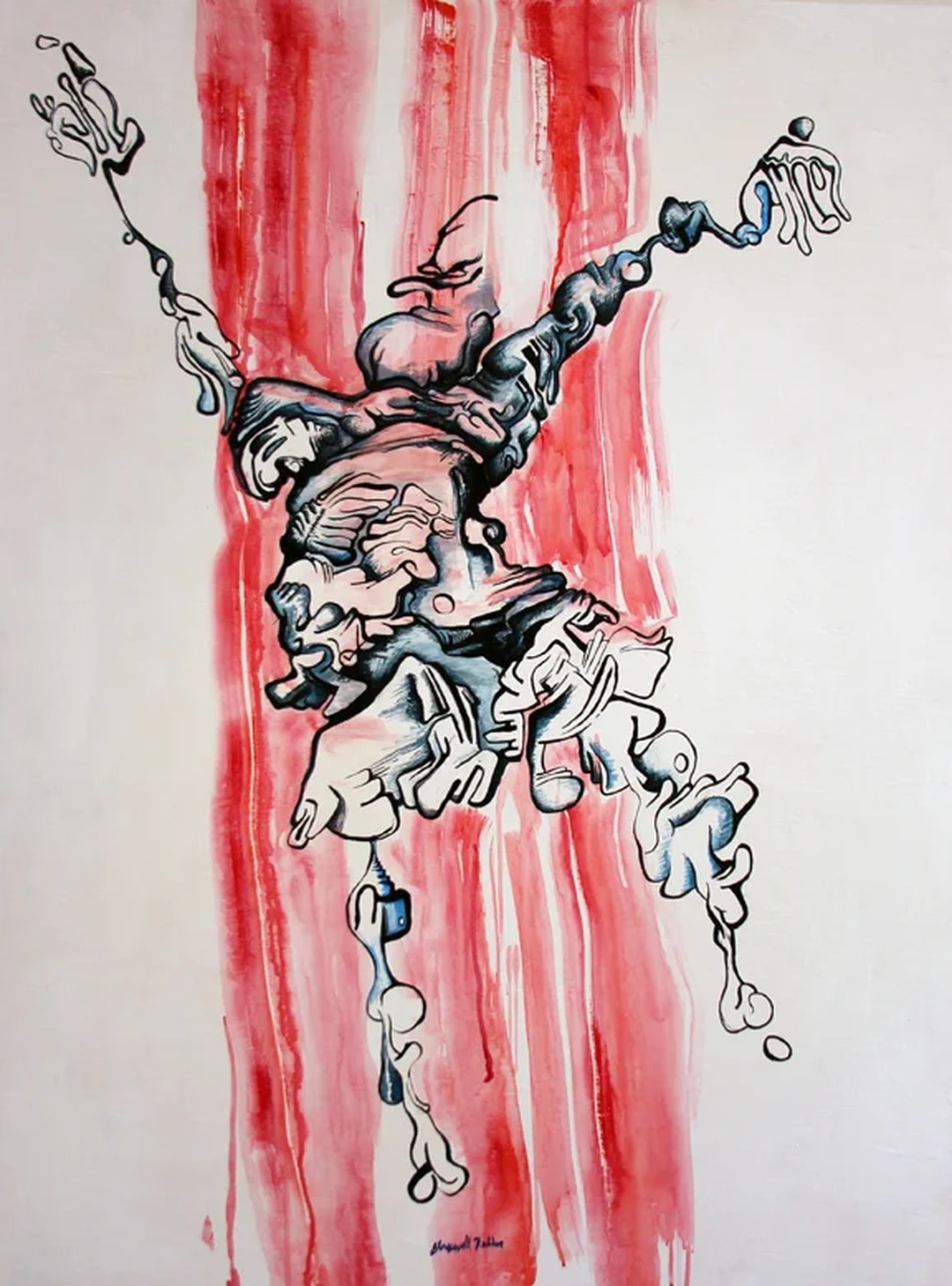 Abstract painting of a stylized figure diving against vertical red streaks.