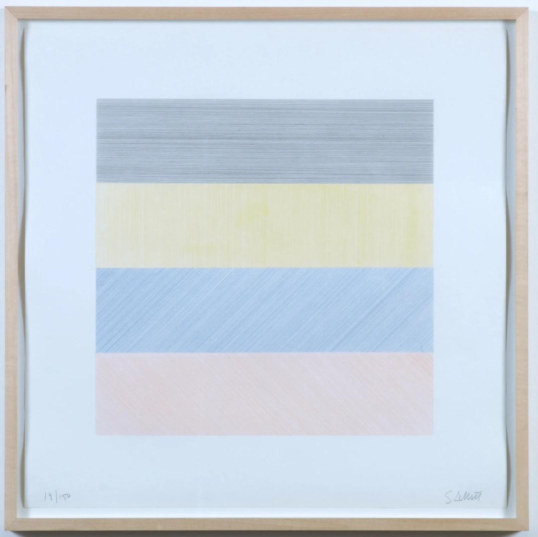 Four pastel gray, yellow, blue and pink bands contain fine crossing lines within a pale wooden frame. Sol LeWitt, Composite Series, Plate 1, 1970, silkscreen, paper 20 x 20 inches.