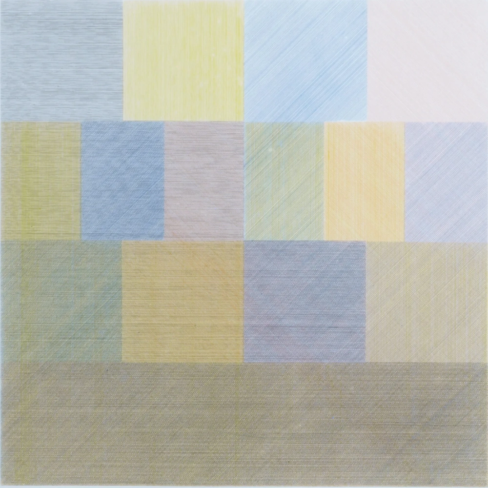 Pastel rectangles of gray, yellow, blue, pink and green overlaid with fine intersecting lines.