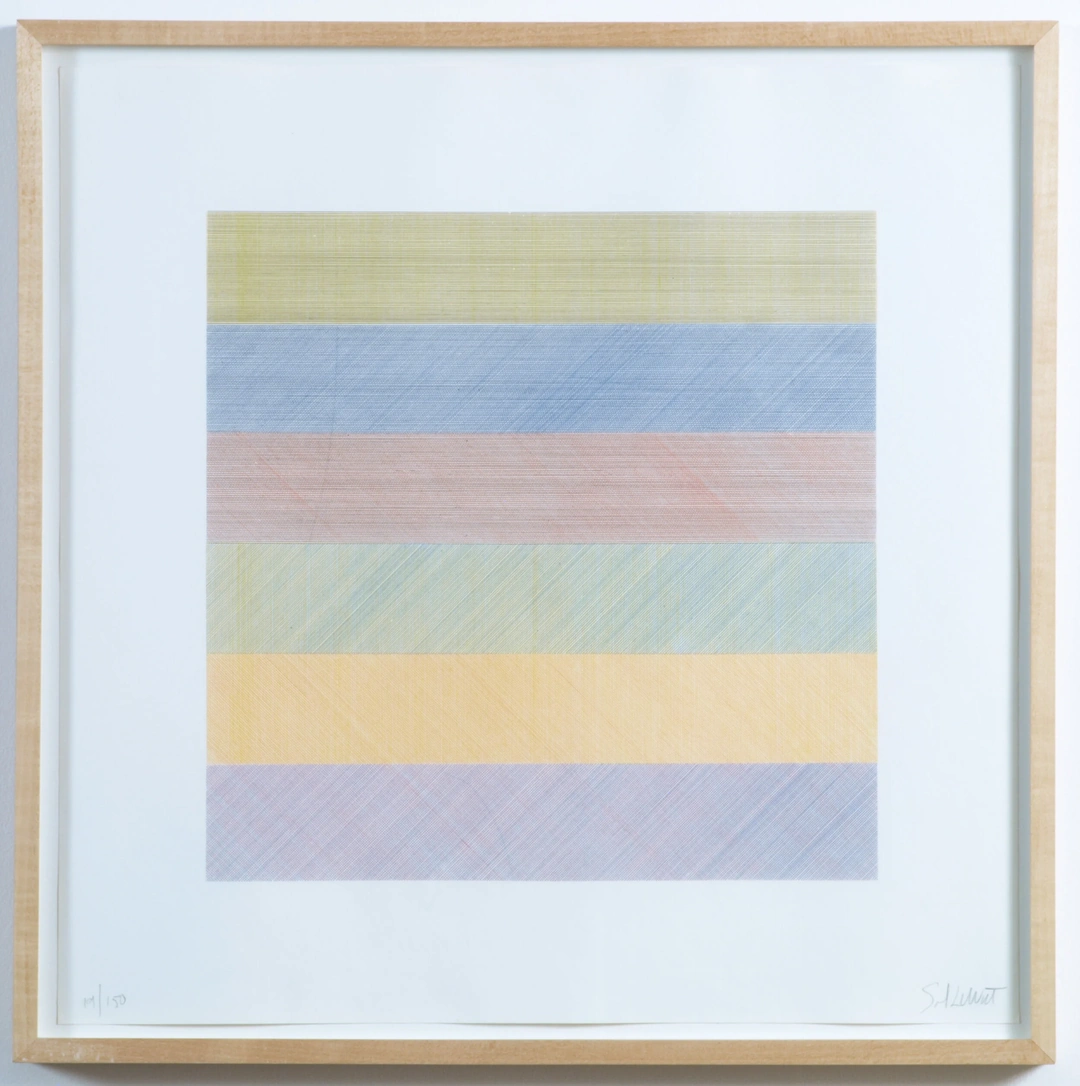 Horizontal pastel bands alternate yellow, blue, pink and green with thin intersecting lines in a pale wooden frame. Sol LeWitt, Composite Series, Plate 2, 1970, silkscreen, paper 20 x 20 inches.