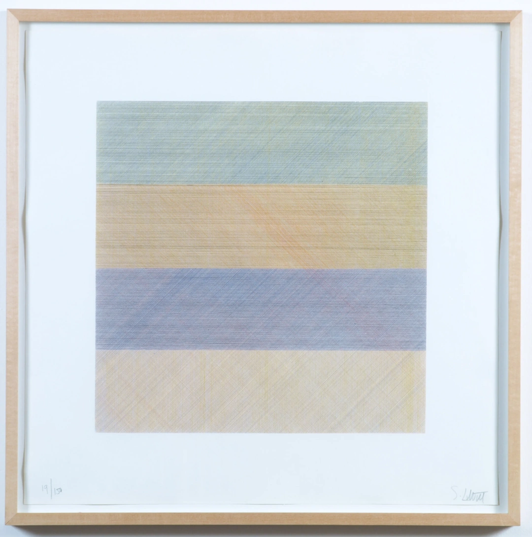Six muted horizontal bands of green, ochre, blue, purple, yellow and gray contain fine lines in a wooden frame. Sol LeWitt, Composite Series, Plate 3, 1970, silkscreen, paper 20 x 20 inches.