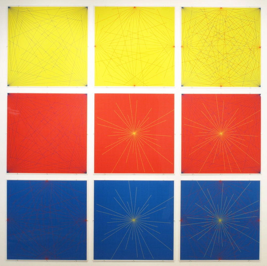 Nine square prints form a three-by-three grid, with yellow in the top row, red in the middle and blue below, each containing fine radiating lines. Sol LeWitt, Lines in Color on Color From Corners Sides and Centers to Specific Points on Grid, 1978, set of nine silkscreens, paper 32 x 32 inches each.