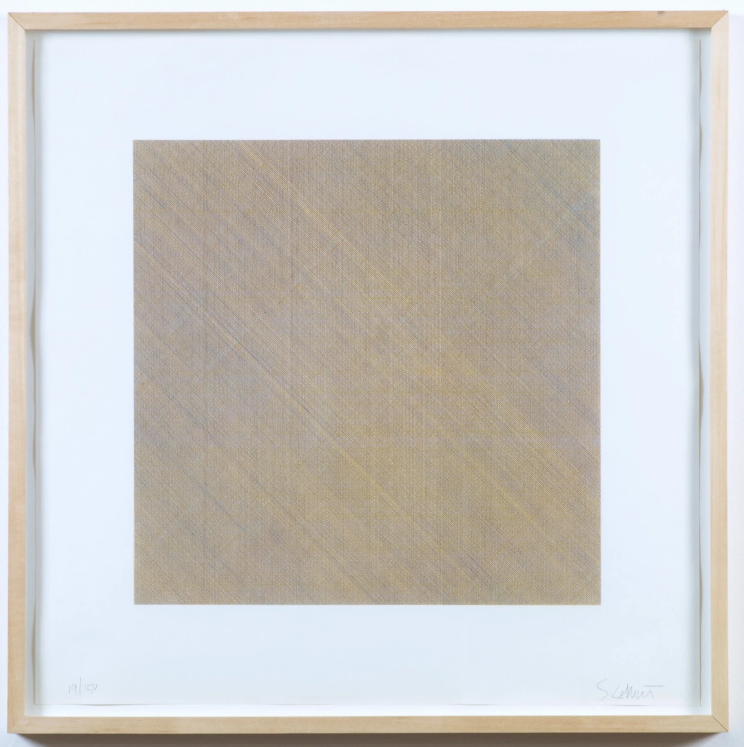 A pale gray-brown square contains densely overlapping diagonal lines within a wooden frame and white paper margins. Sol LeWitt, Composite Series, Plate 4, 1970, silkscreen, paper 20 x 20 inches. (Related image located during this archive's reconstruction.)