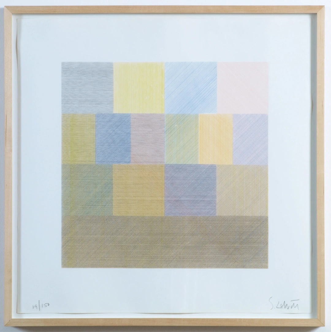 Pastel rectangles of gray, yellow, blue, pink and green form four differently divided rows overlaid with fine lines. Sol LeWitt, Composite Series, Plate 5, 1970, silkscreen, paper 20 x 20 inches. (Related image located during this archive's reconstruction.)