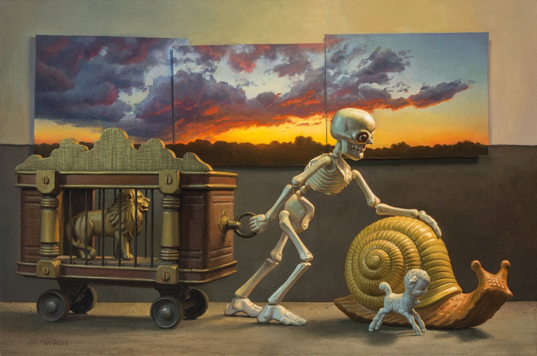 Toy skeleton dragging a circus cage with a lion, guided by a toy snail, before a sunset triptych. Jonathan Queen, Procession at Sunset.