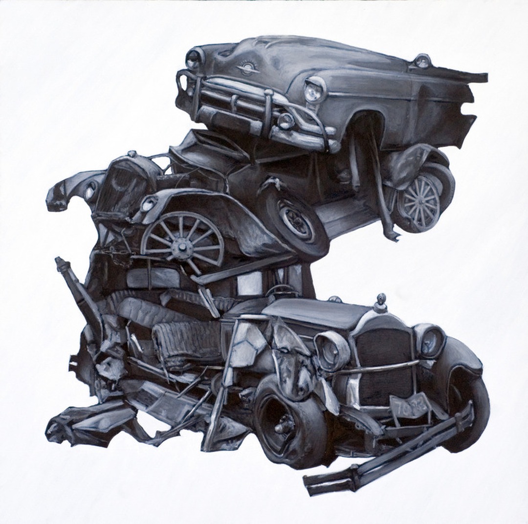 Wrecked car rendered in silvery tones. Rob Jefferson, Catfish.