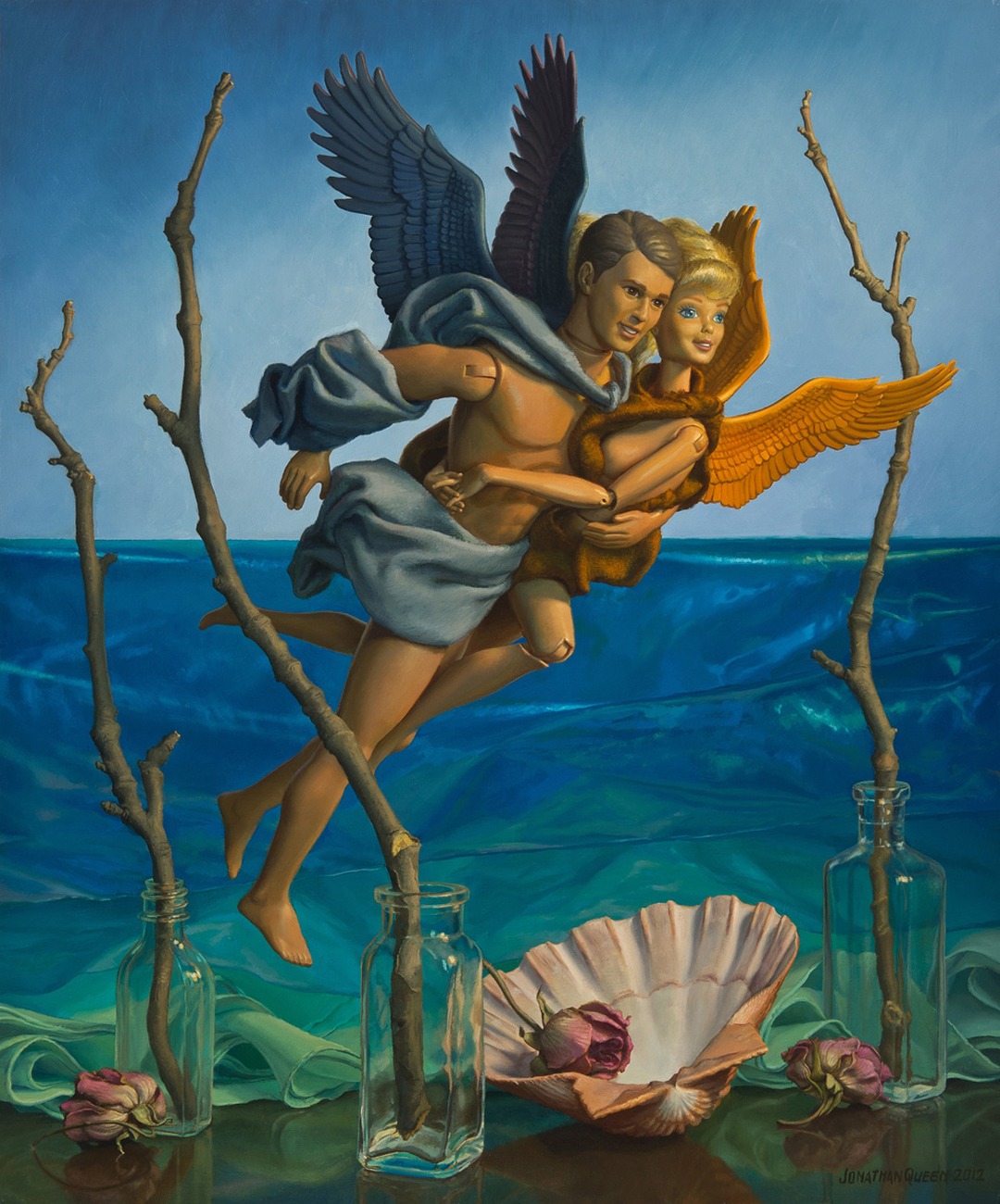 Two winged dolls flying over a seascape with shells and roses. Jonathan Queen, In Search of Venus.
