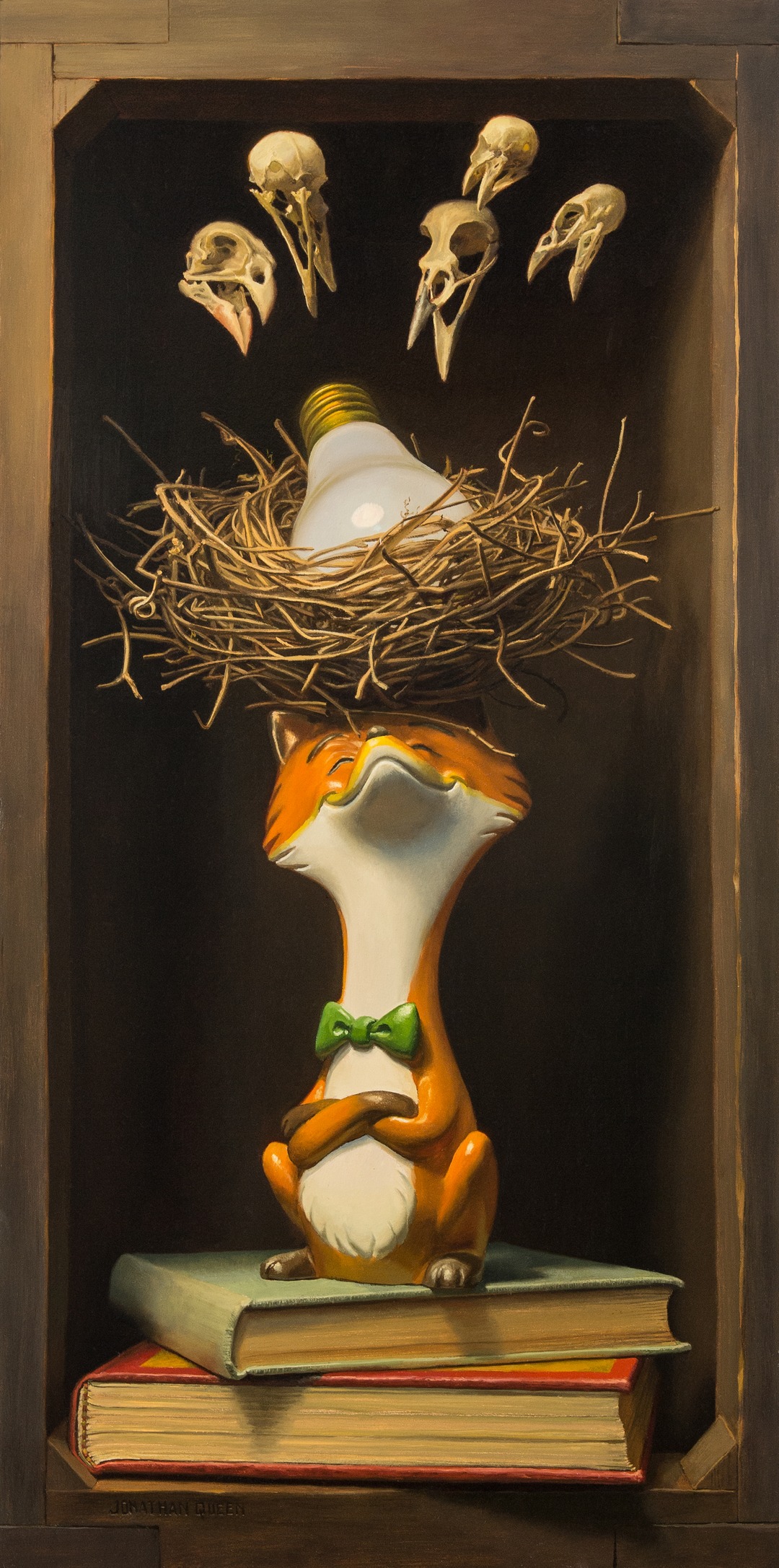 Toy fox with a green bow tie balancing a bird's nest with a light bulb on its head. Jonathan Queen, Lingering Thought.