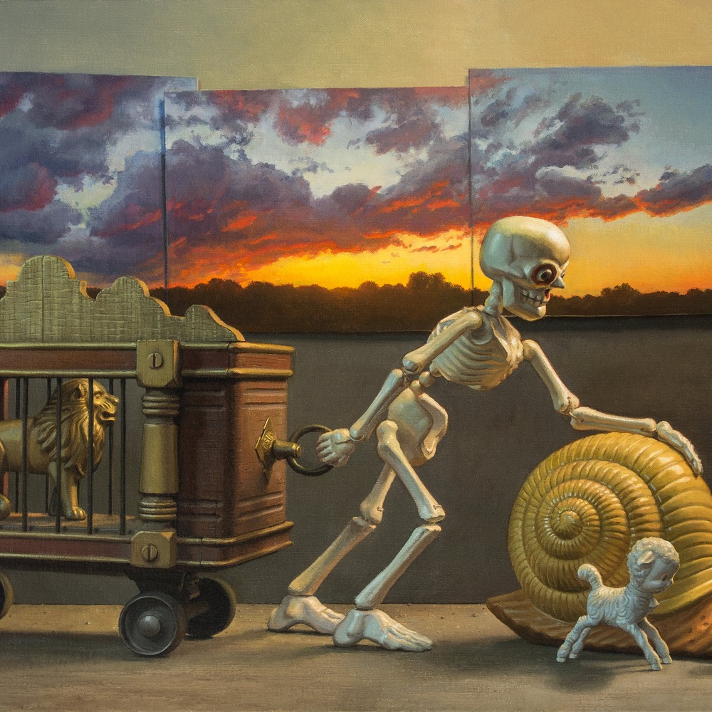 Detail of a toy skeleton dragging a circus cage.