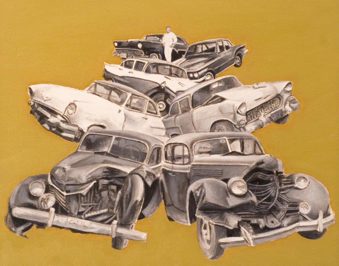 Crashed cars arranged like carved mountain faces. Rob Jefferson, Rushmore.