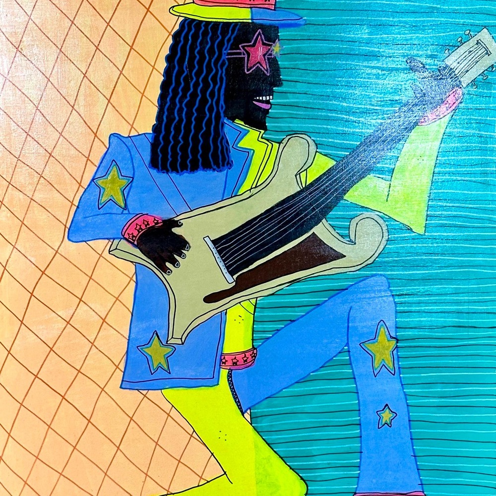 Detail of Antonio Adams's Bootsey Collins portrait, star-spangled top hat.