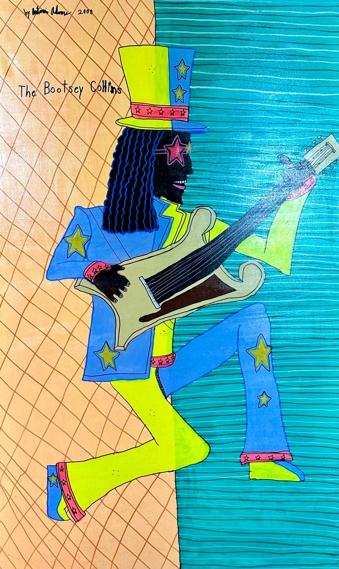 Colorful cartoon portrait of funk musician Bootsy Collins in a star-spangled top hat and blue star-patterned suit, playing bass guitar.