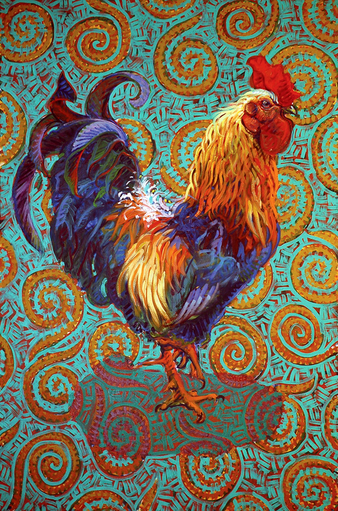 Golden and blue rooster facing right against a turquoise background with spiral motifs. Leslie Shiels, Houdini Right.