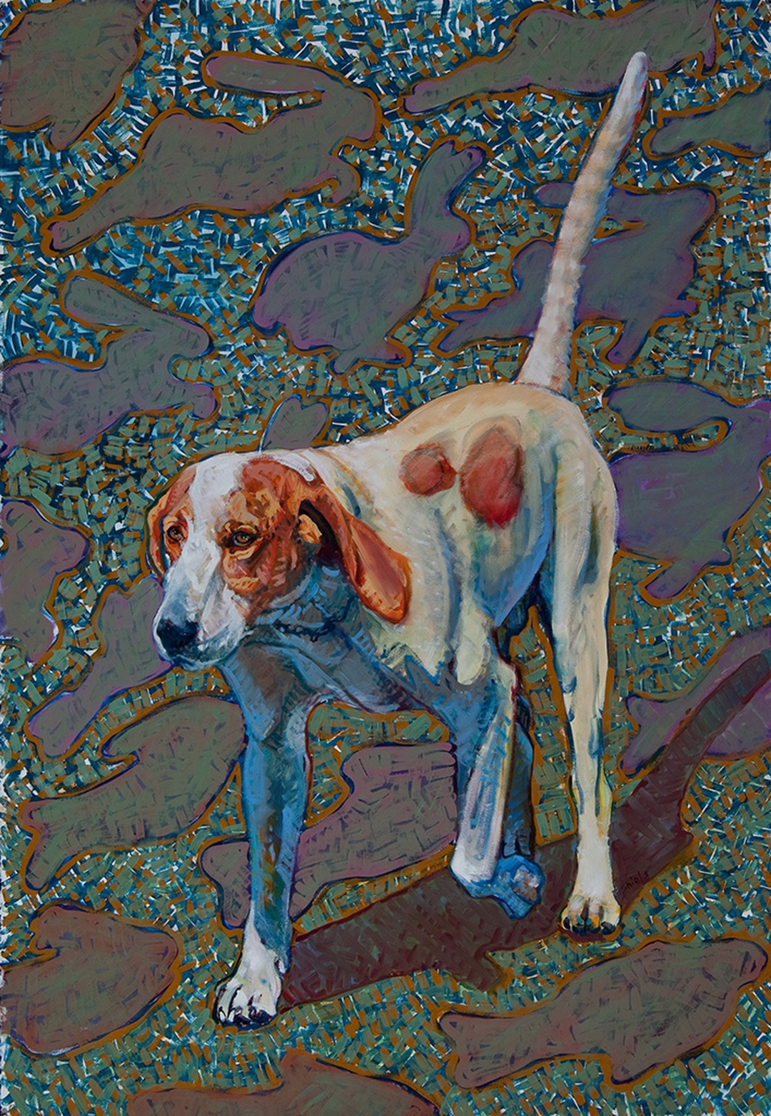 White hound with reddish patches standing in left profile, tail upright, against a dark background with blue-green mosaic and rabbit silhouettes.